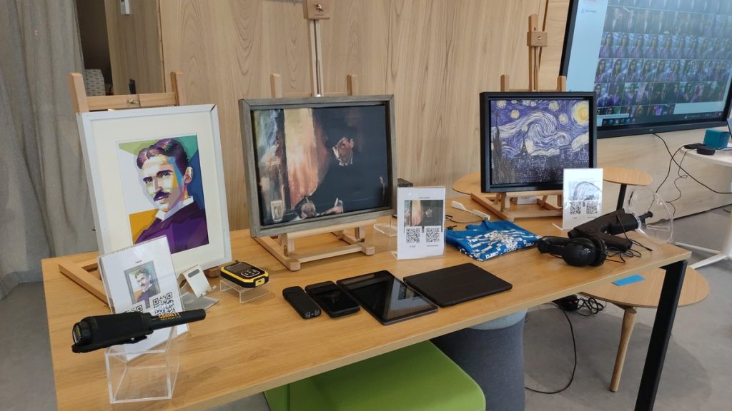 Aplicaciones de la inteligencia artificial en empresas: retratos generados por inteligencia artificial expuestos en una actividad de equipo