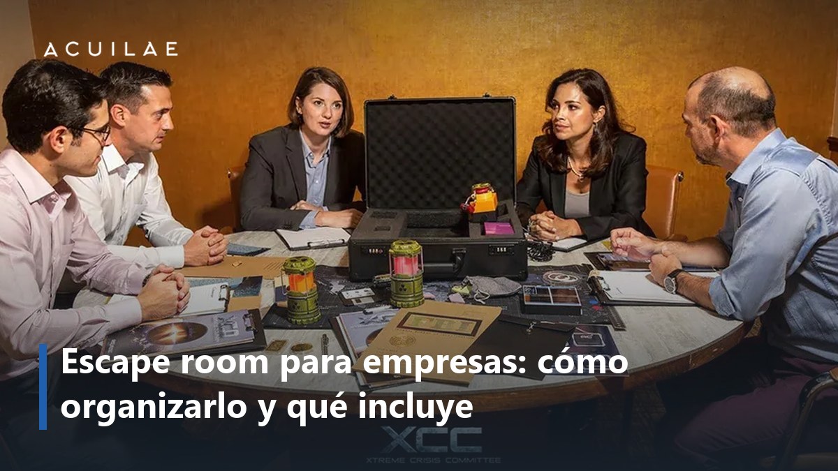 Escape room para empresas: equipo de empresa alrededor de la mesa con el maletín del Xtreme Crisis Committee