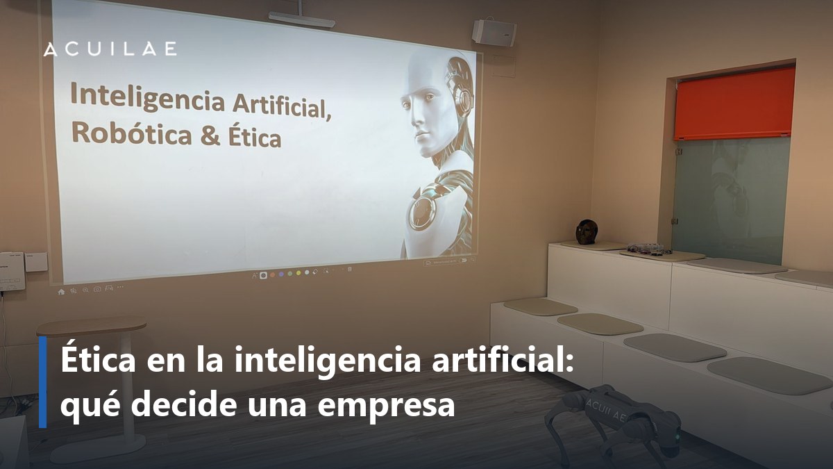 Ética en la inteligencia artificial: pantalla con el título Inteligencia Artificial, Robótica y Ética antes de una charla de Pedro Diezma