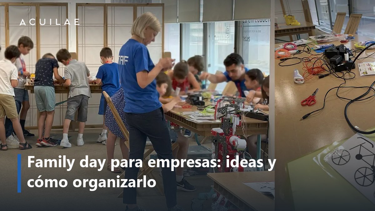 Family day para empresas: niños y monitores en una mesa de taller durante un family day de empresa