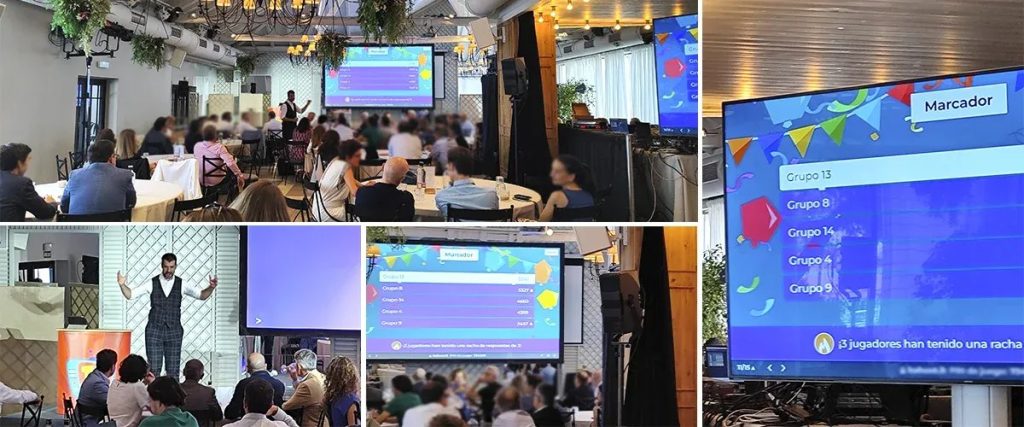 Gamificación en eventos de empresa: marcador por equipos proyectado en la pantalla de un salón de convención