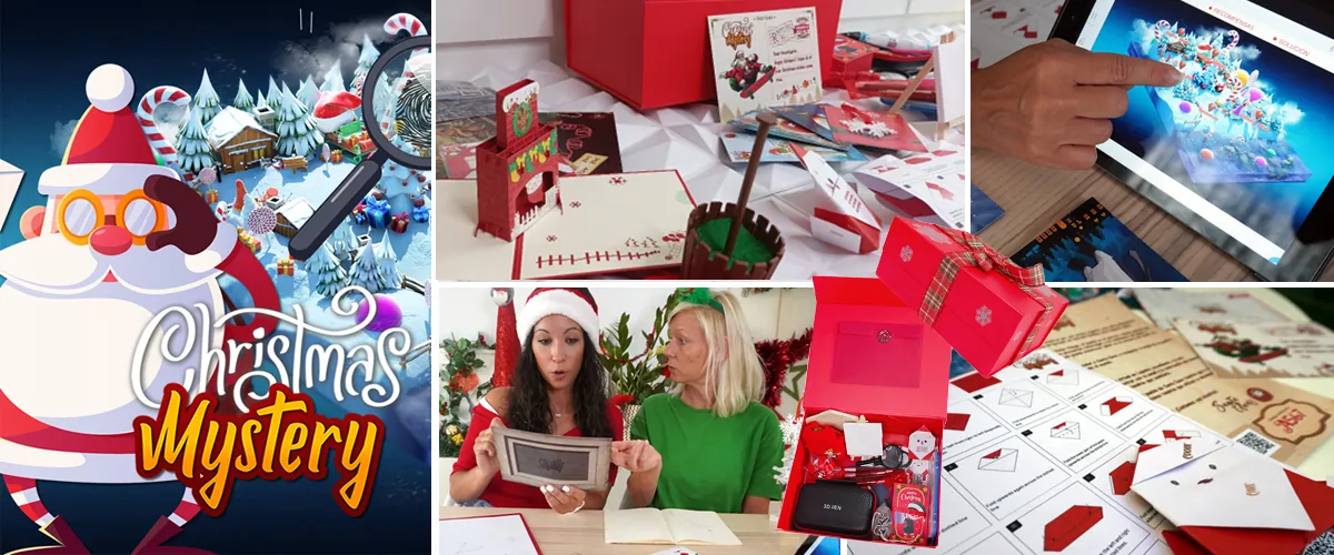 Juego Christmas Mystery con caja de pistas, tarjetas desplegables y mapa navideño en una tableta