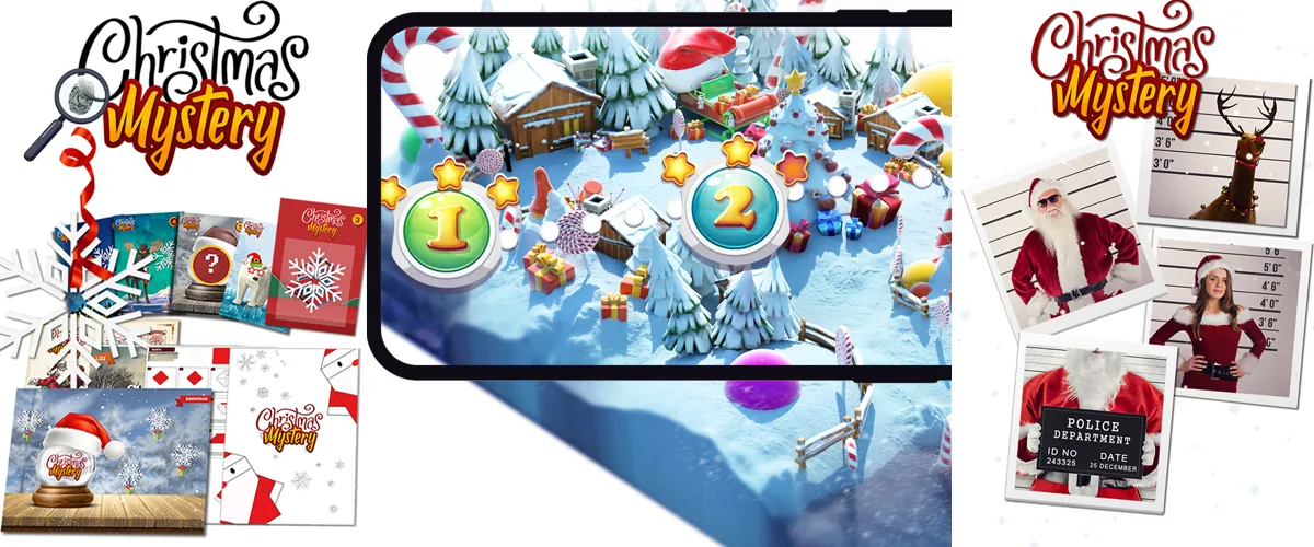 Versión híbrida de Christmas Mystery con cartas, mapa digital en el móvil y fichas de sospechosos