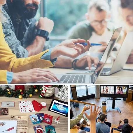 Compañeros trabajando con portátiles y conectados por videollamada en una actividad híbrida