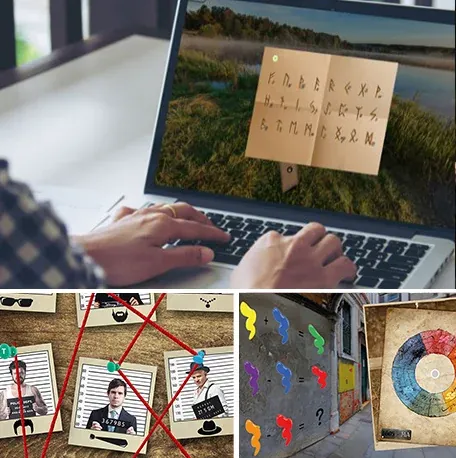 Persona resolviendo un enigma en su portátil y tablero de sospechosos de un juego online