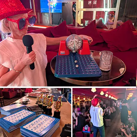 Presentadora cantando números en un bingo musical para empresas