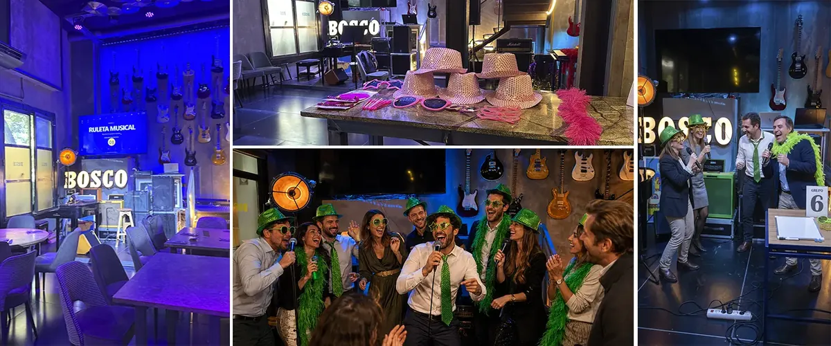 Collage del Bingo Musical: sala con ruleta musical, accesorios de fiesta y equipos cantando