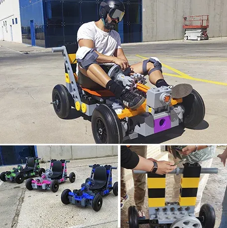 Collage del Car Challenge: participante conduce un coche de bloques gigantes y equipos montan sus vehículos