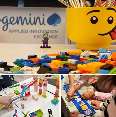 Piezas de construcción de colores y equipos montando estructuras en una actividad de construcción creativa