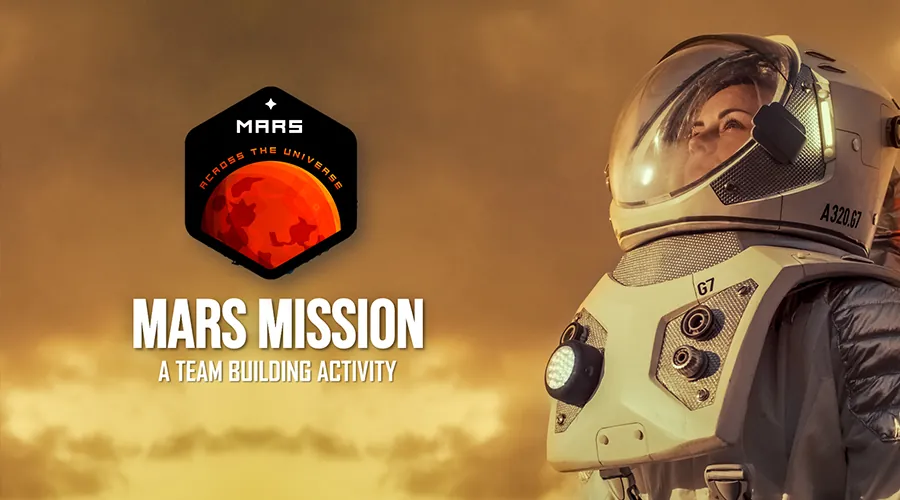 Cartel del Reto: Misión Marte con una astronauta y el emblema de la misión