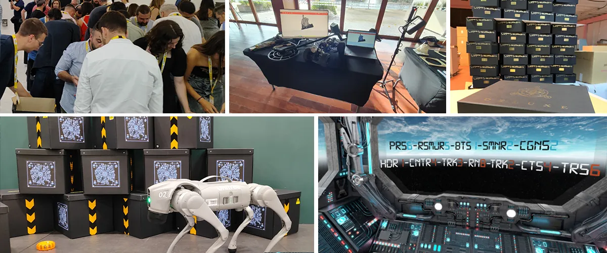 Equipos abriendo cajas, robot cuadrúpedo y panel de nave durante el Reto: Misión Marte