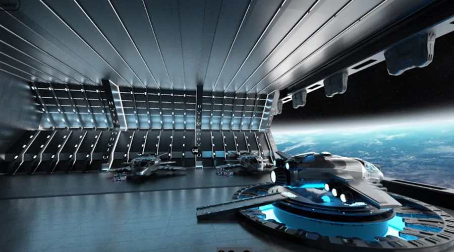 Hangar virtual de una nave espacial con vehículos y la Tierra al fondo