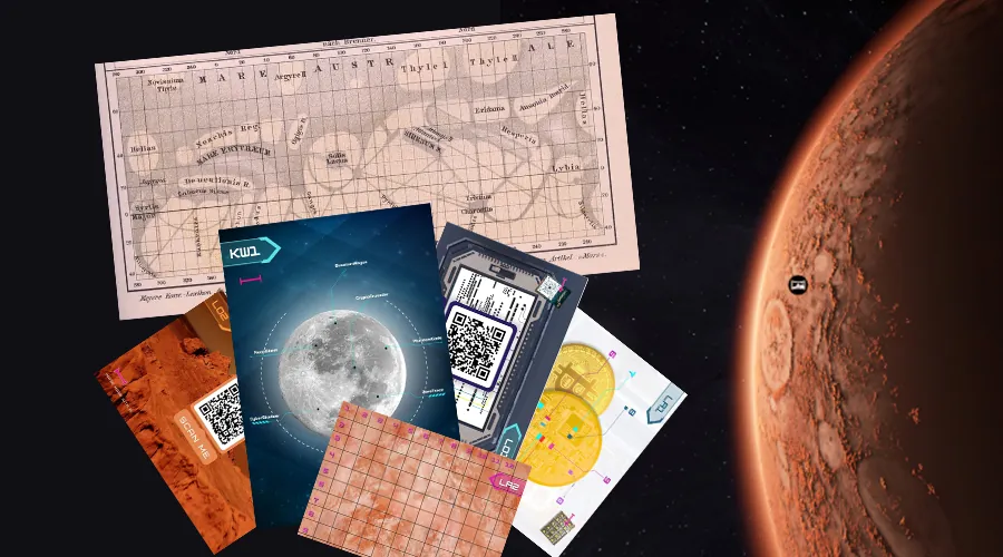 Mapa antiguo de Marte y tarjetas con códigos QR sobre un fondo espacial