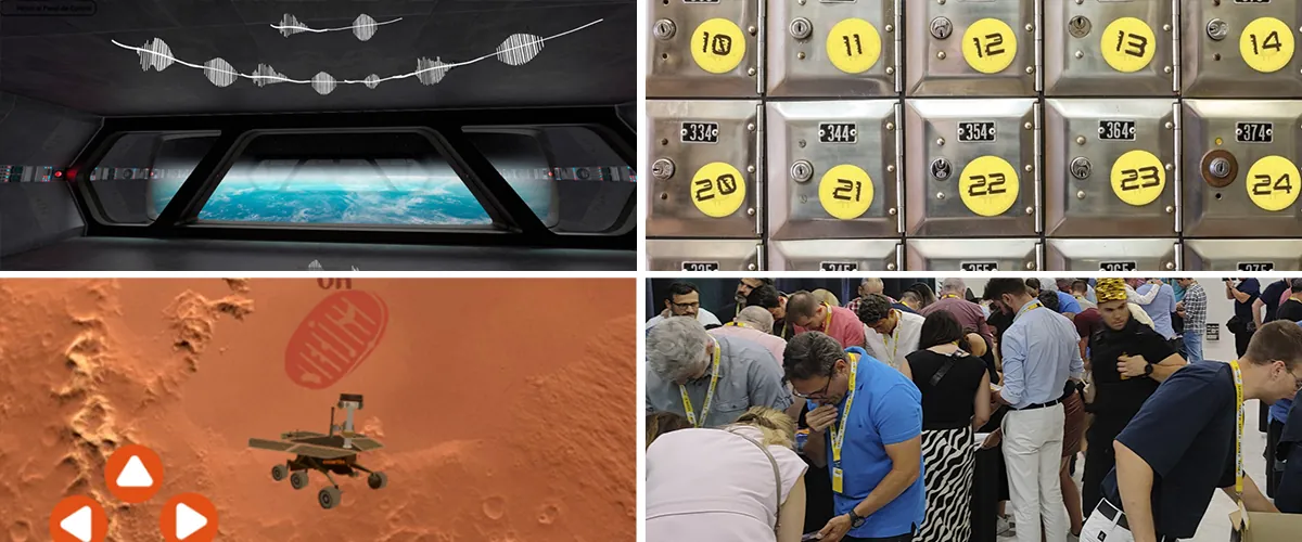 Pantallas de nave, taquillas numeradas, rover marciano y equipos resolviendo pruebas de la misión