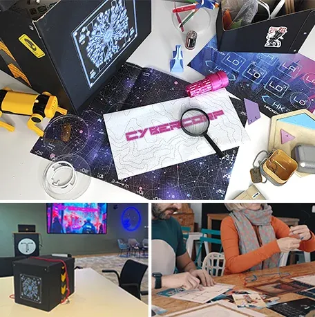 Cajas, lupa y materiales tecnológicos de un escape room innovador sobre la mesa de juego