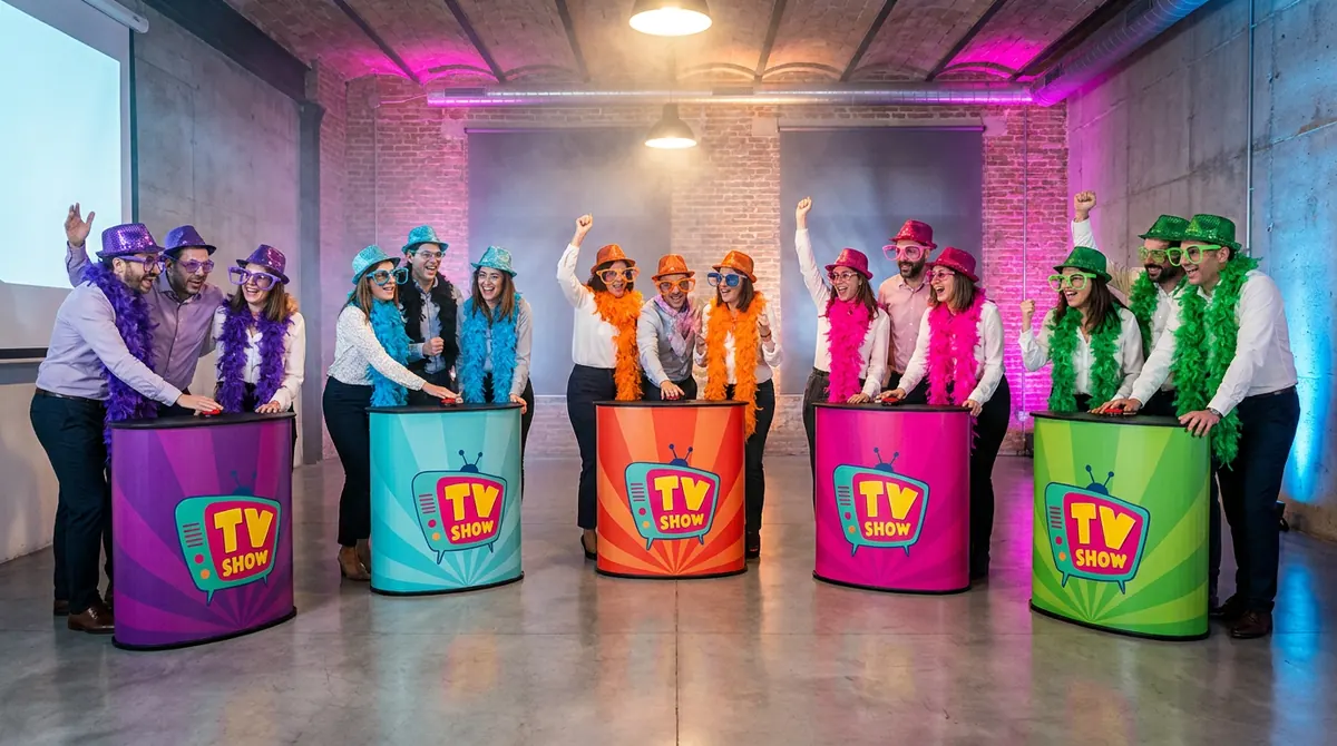 Equipos de empresa con sombreros y boas de colores en los atriles del TV show Furor