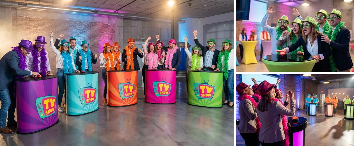 Collage de Furor para empresas: equipos caracterizados con sombreros y boas de colores en sus atriles de TV show