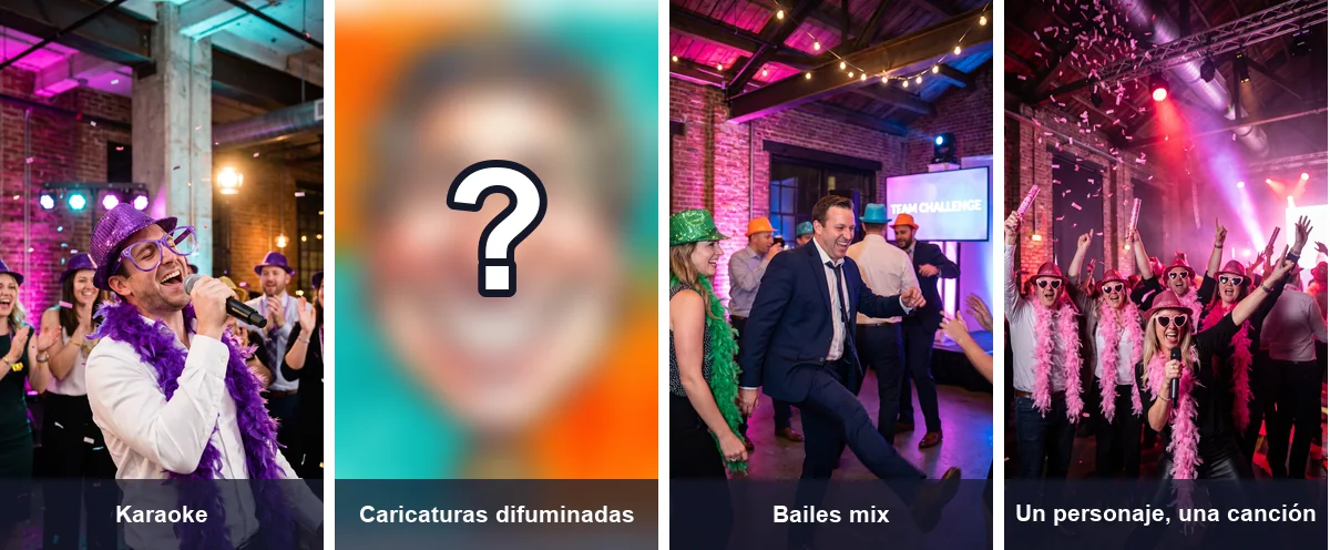 Collage de pruebas del TV show musical Furor: karaoke, caricaturas difuminadas, bailes mix y un personaje, una canción