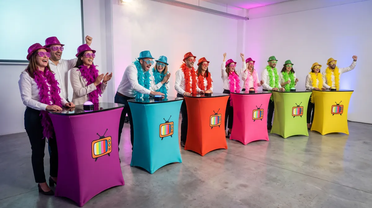 Plató del TV show Furor para empresas con cinco equipos caracterizados junto a sus atriles de colores