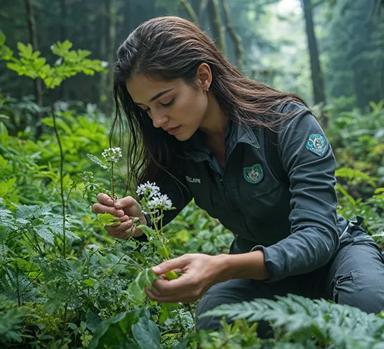 Participante con uniforme verde examina plantas silvestres en un bosque durante la gymkana ecológica