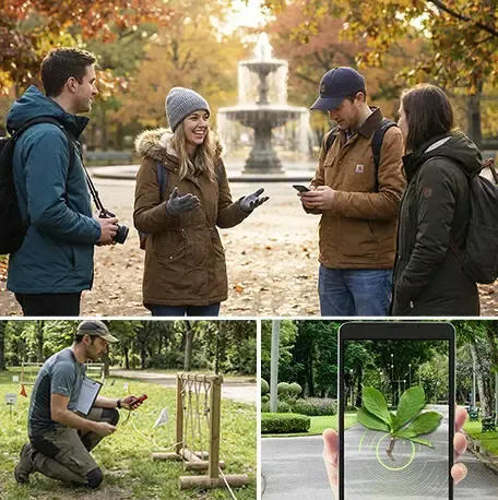Grupo de compañeros en un parque otoñal resolviendo pistas durante una gymkana ecológica