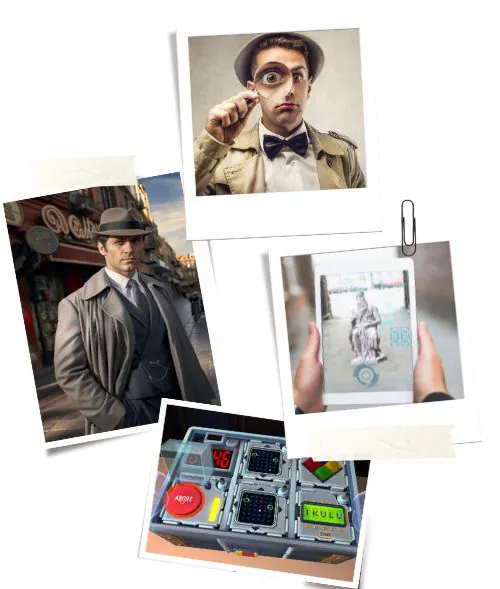Fotografías de detectives, tablet con realidad aumentada y caja de enigmas de la gymkana