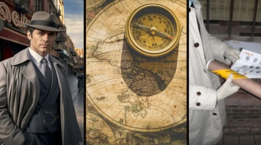 Detective con gabardina, brújula sobre un mapa antiguo y manos con guantes examinando pistas