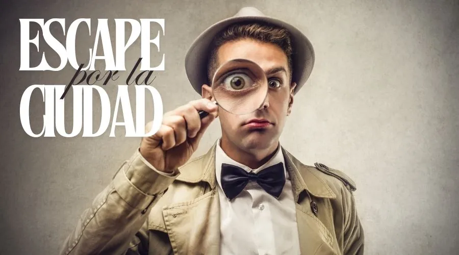 Detective con lupa y sombrero en la portada de Escape por la Ciudad, gymkana para empresas