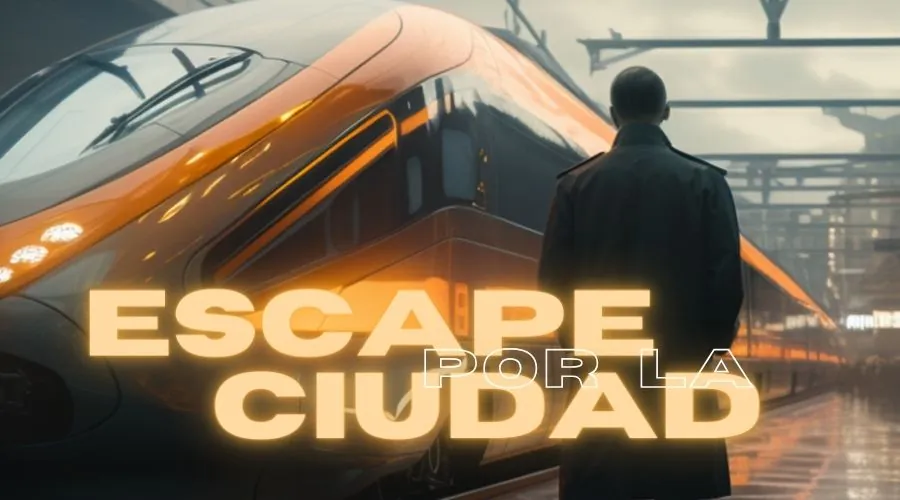 Hombre con gabardina junto a un tren con el título Escape por la Ciudad