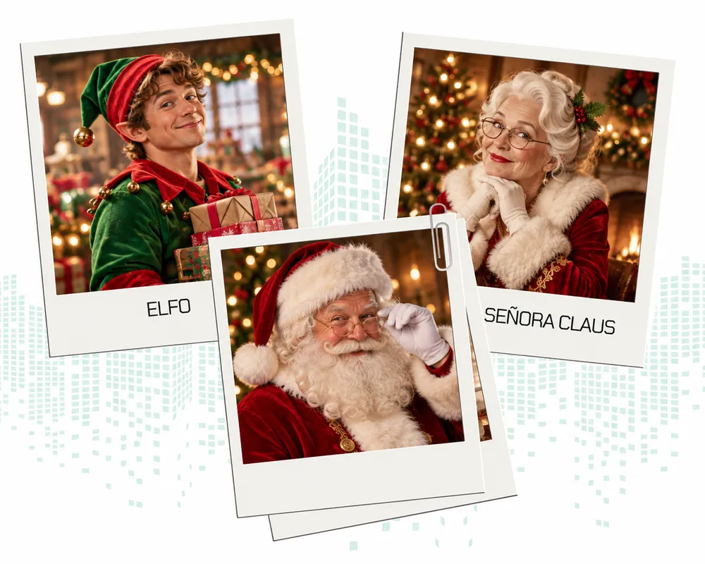 Fotos de los personajes de la gymkhana navideña: el Elfo, Papá Noel y la Señora Claus