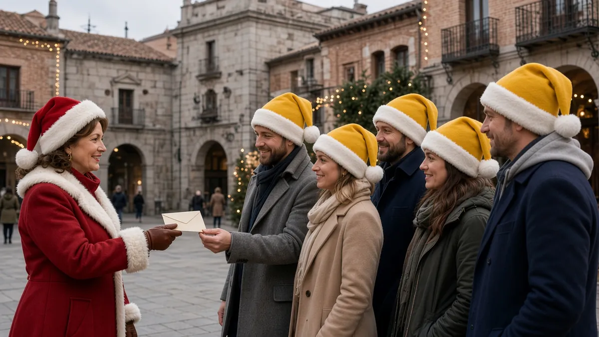 La Señora Claus entrega una pista a un equipo con gorros amarillos en una plaza durante la gymkhana navideña