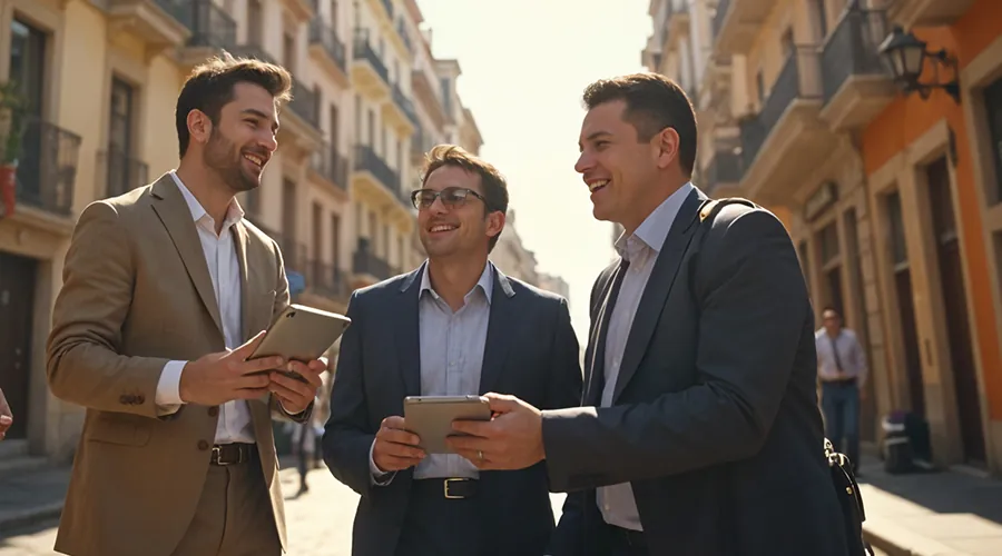 Tres compañeros trajeados sonríen mientras consultan sus tablets en una calle del centro
