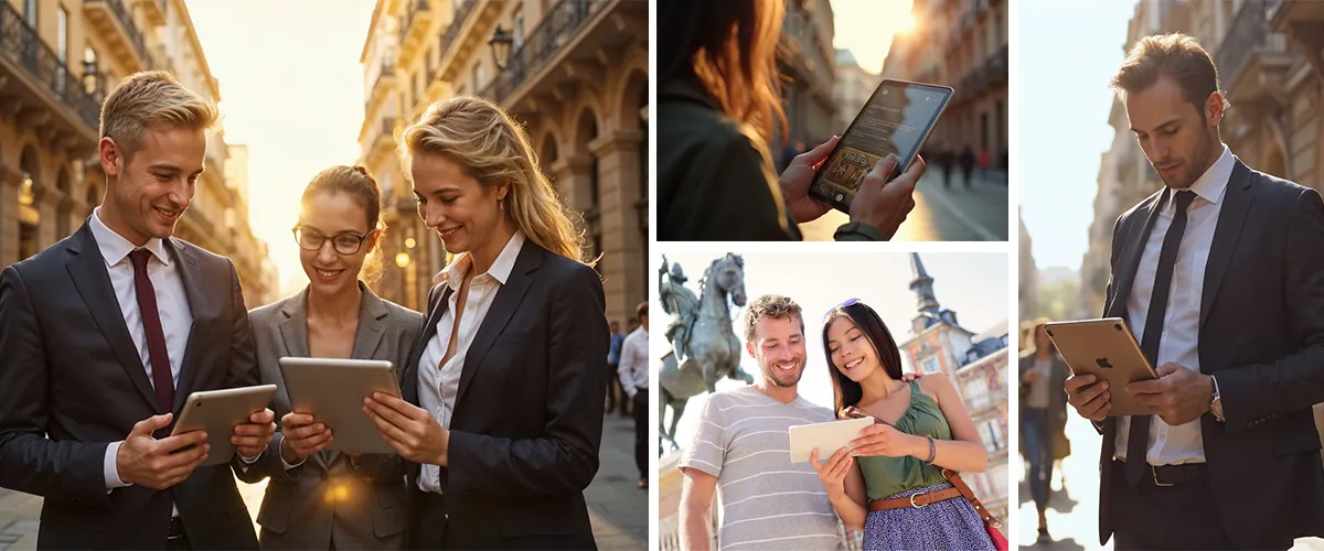 Collage de equipos de trabajo resolviendo pruebas con iPads en distintas calles y plazas