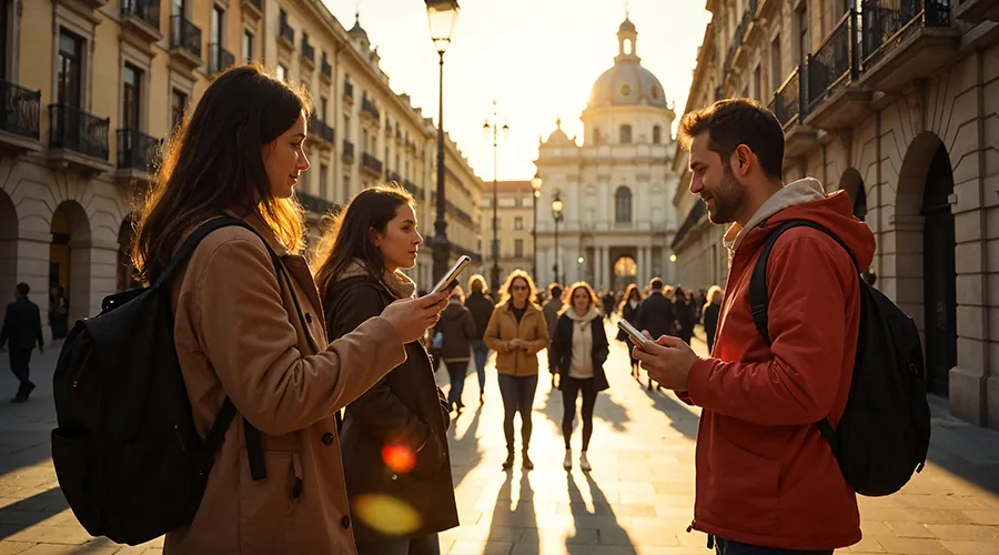 Participantes con tablets y mochilas recorriendo una calle histórica al atardecer durante una gymkhana