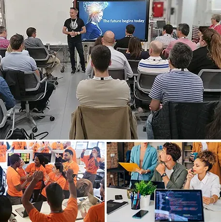 Equipos escuchando una presentación y trabajando con portátiles durante un hackathon corporativo
