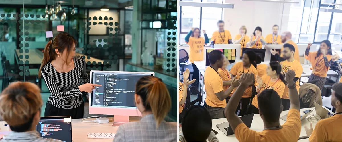 Equipo revisando código en pantalla y participantes con camisetas naranjas celebrando el hackathon