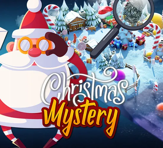 Ilustración del juego Christmas Mystery con Papá Noel, una lupa y un pueblo navideño nevado