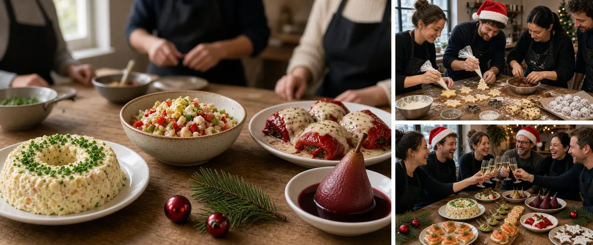 Collage del MasterChef navideño para empresas: platos navideños sencillos, equipo decorando galletas de Navidad y brindis final con los platos cocinados