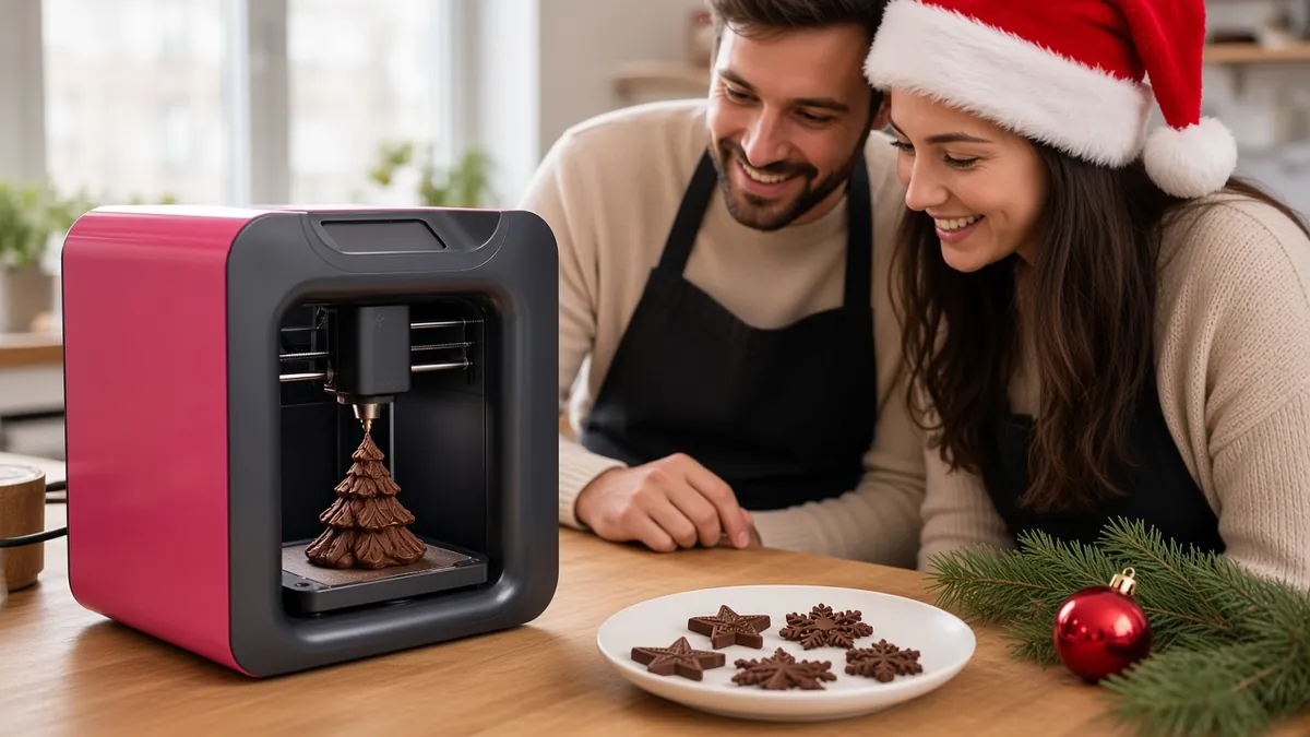 Impresora 3D de chocolate imprimiendo un árbol de Navidad ante dos compañeros con delantal y gorro de Papá Noel