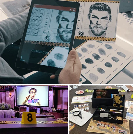 Pistas y caja de pruebas del juego Misterio entre Platos