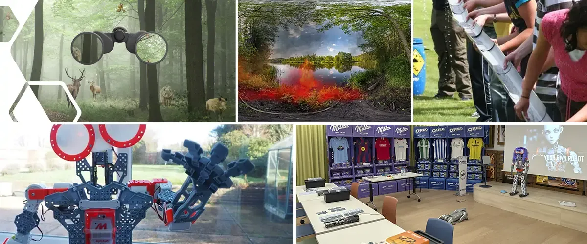 Robots articulados, escenas de naturaleza y sala preparada para una actividad solidaria de RSC