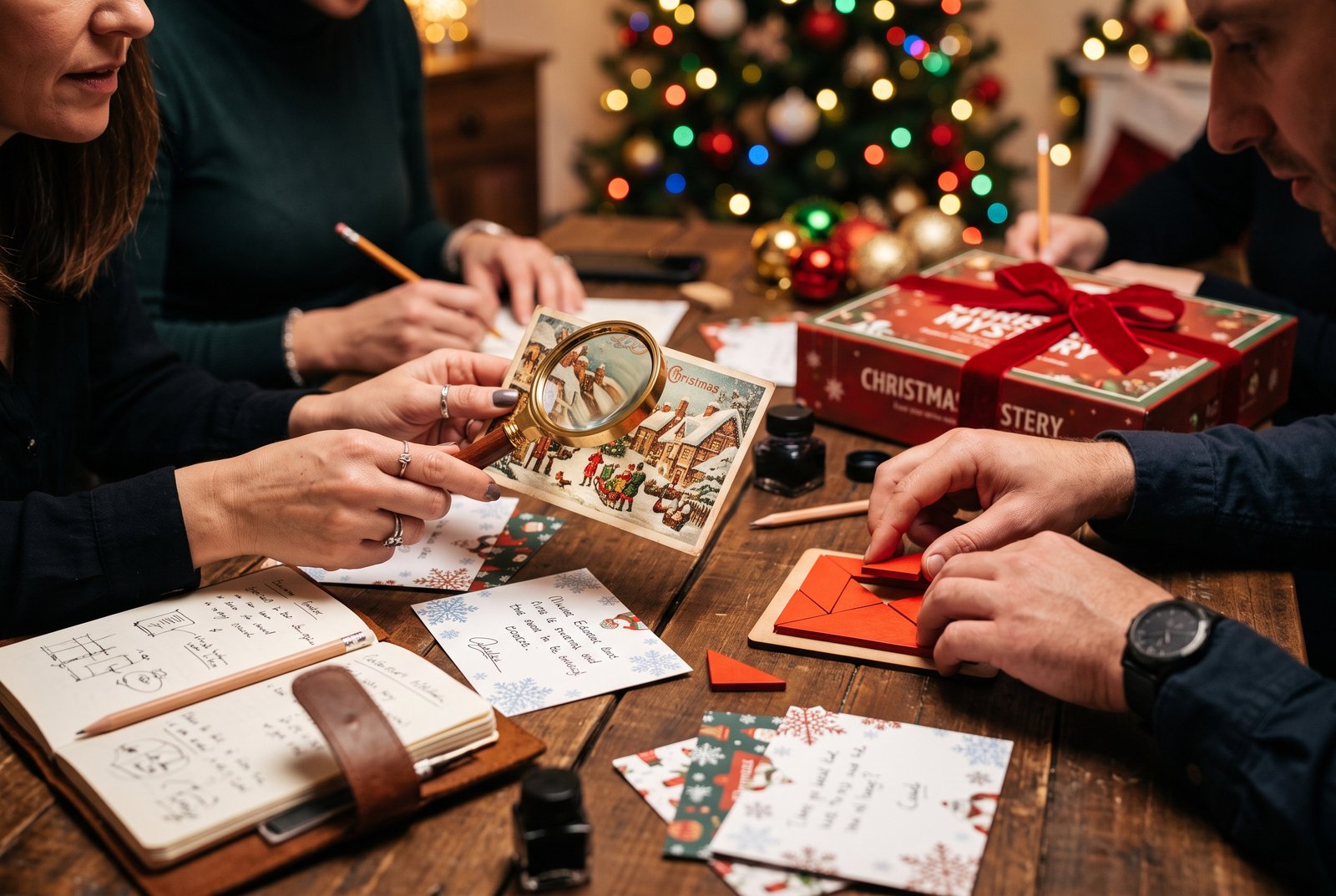 Juego de misterio navideño con lupas y postales