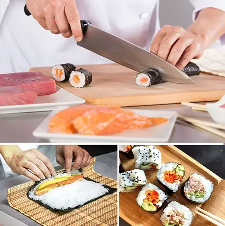 Manos cortando makis y enrollando sushi sobre una esterilla de bambú en un taller de sushi