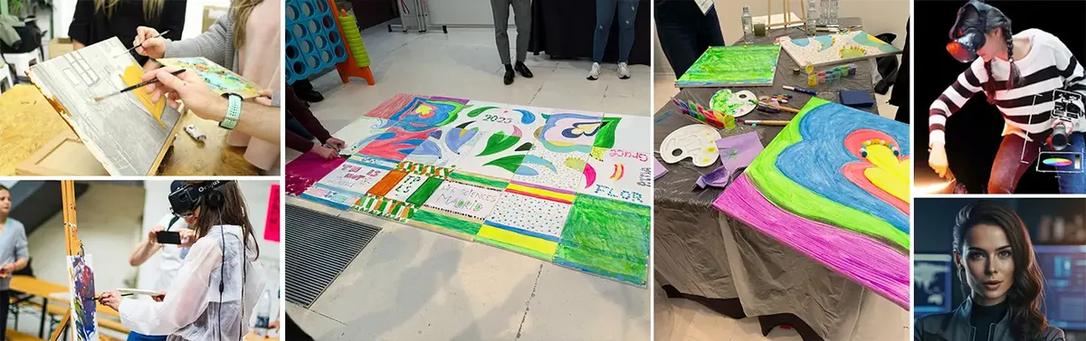 Collage con mural colaborativo en el suelo, pintura con gafas de realidad virtual y lienzos
