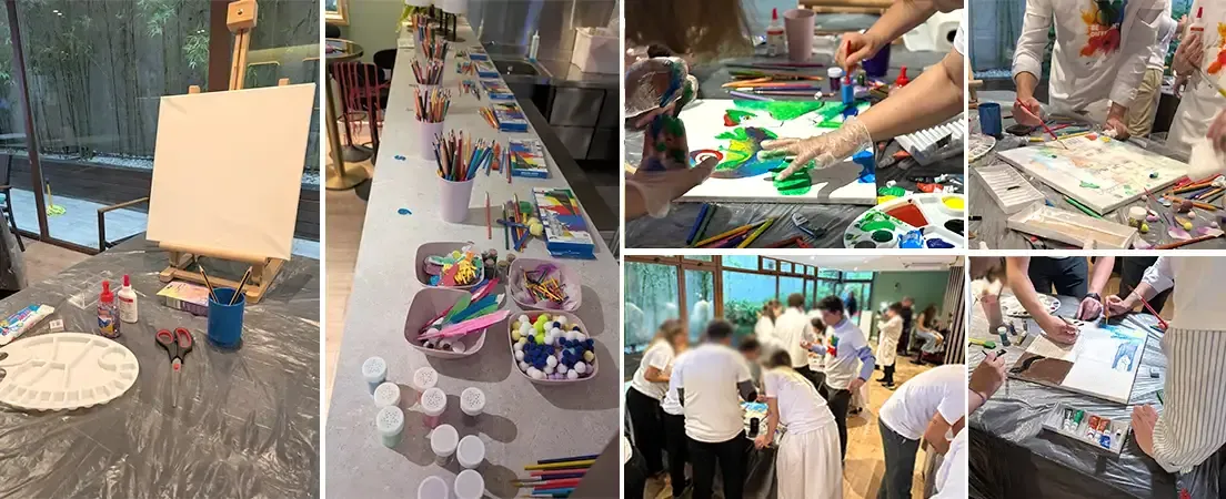 Collage del team building artístico con materiales, lienzos y equipos pintando en grupo