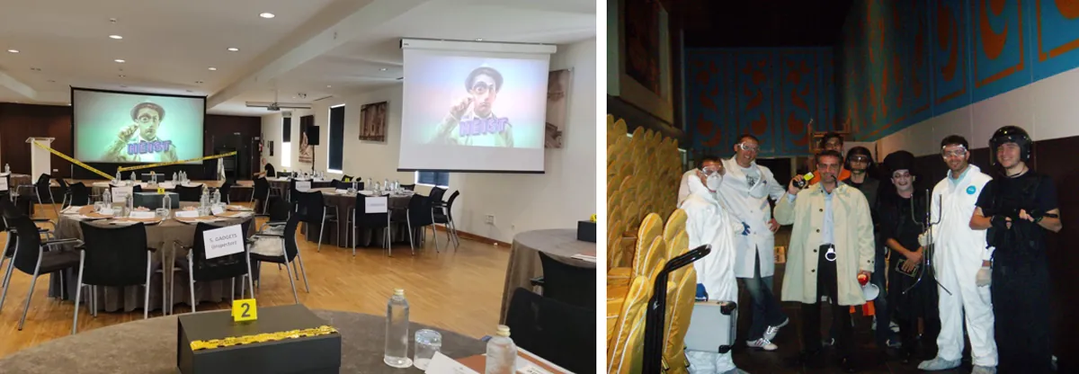 Salón preparado para el team building Cluedo y personajes disfrazados de investigadores forenses