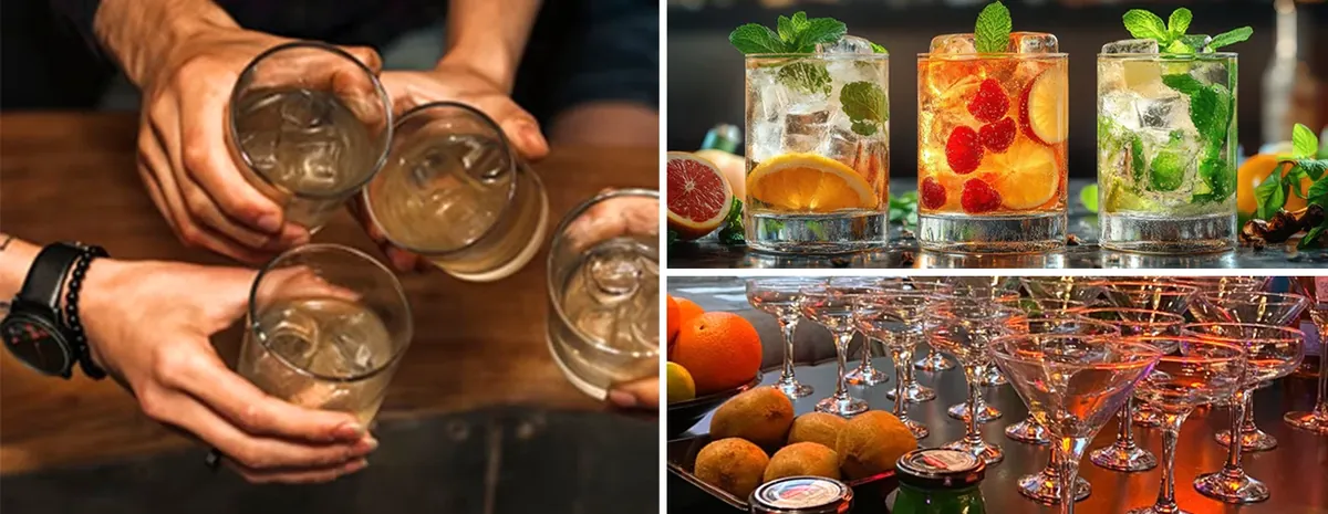 Brindis con vasos de cóctel junto a mojitos de frutas y copas preparadas en fila