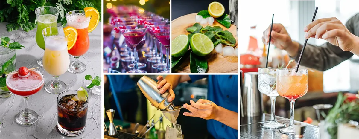 Selección de cócteles de colores, limas, hierbabuena y bartender preparando bebidas con coctelera