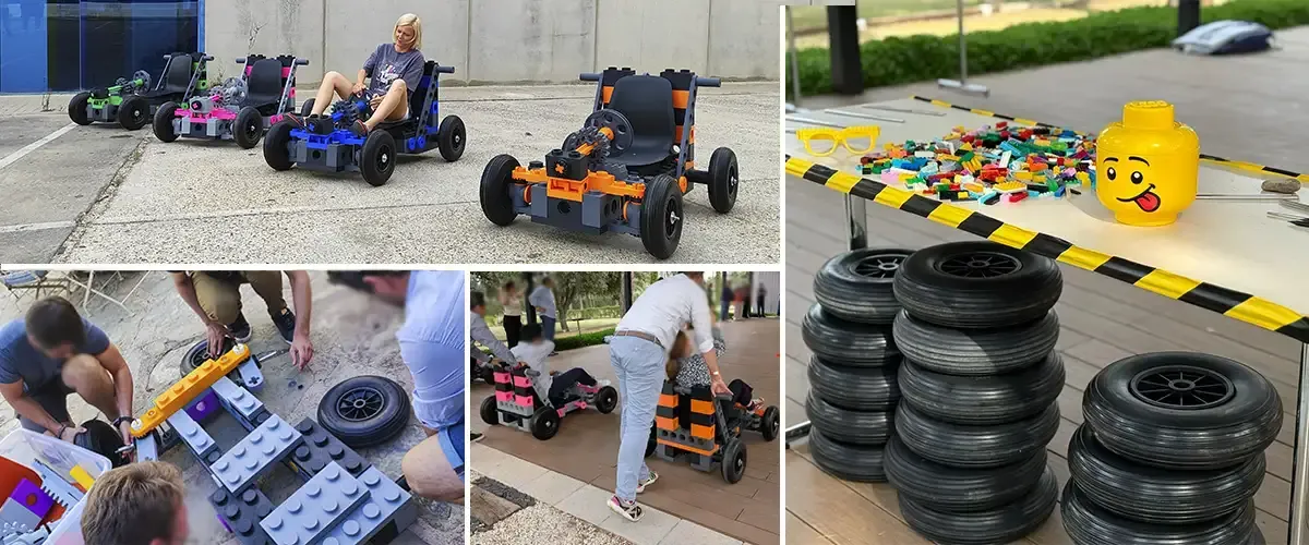Collage del Block Car Challenge: montaje en equipo, piezas, ruedas y carrera de karts