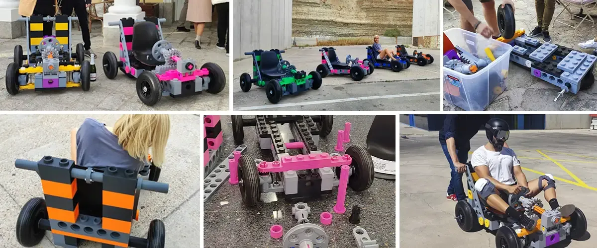 Collage de equipos construyendo y conduciendo sus karts de bloques en el Block Car Challenge